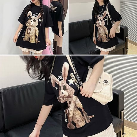 ユニセックス Tシャツ 半袖 BADRABBIT ウサギ ラビット オーバーサイズ 韓国ファッション メンズ レディース カジュアル 韓国ストリートファッション DTC-678126728553
