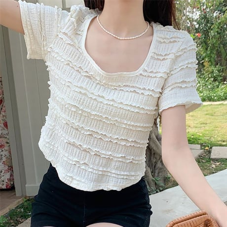 tシャツ ラウンドヘム 半袖 スクエアネック フリル ショート丈 トップス 薄手 レトロ 韓国ファッション レディース 大人可愛い ガーリー DTC-704922275965