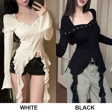 不規則 フリル Tシャツ ベルトデザイン スリムフィット スクエアネック ロンT トップス カットソー 長袖 レトロ 大人可愛い ガーリー DTCA-835755256954