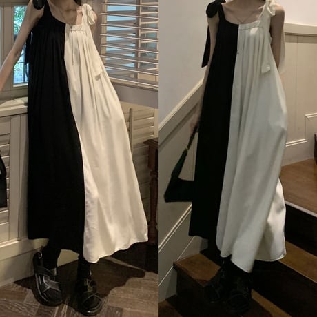 バイカラー キャミワンピース ロングワンピース ノースリーブ ハイウエスト レトロ 韓国ファッション レディース 大人可愛い ガーリー DTC-679346923592