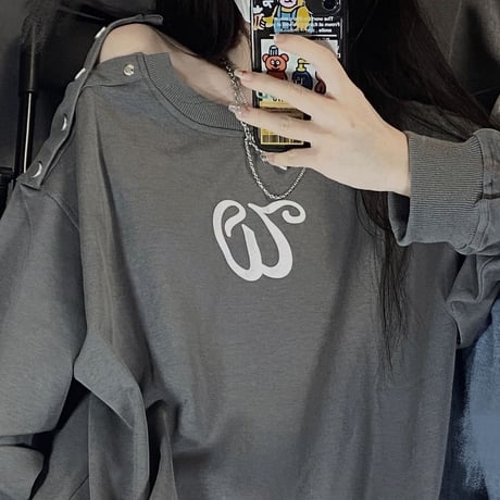 肩ボタン トップス オープンショルダー Tシャツ オーバーサイズ ルーズ 長袖 レトロ カジュアル 韓国ファッション レディース 韓国ストリートファッション DTC-679383214119