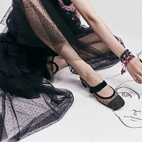 レディース ドット柄メッシュパンプス スクエアヘッド マジックテープストラップ レース ヒール3cm 韓国ファッション (DCT-565732223616)