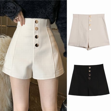 ショートパンツ ハイウエスト ゴールドボタン センタープレス ショーパン レトロ 韓国ファッション レディース 大人可愛い ガーリー DTC-660050274344