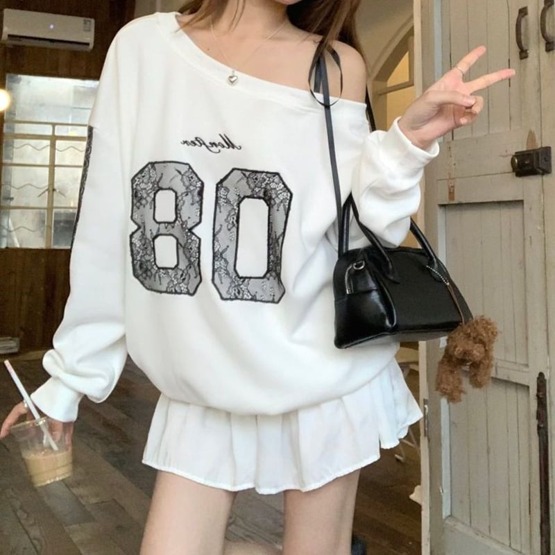 スウェット レース ワンショルダー オフショルダー ナンバーロゴ