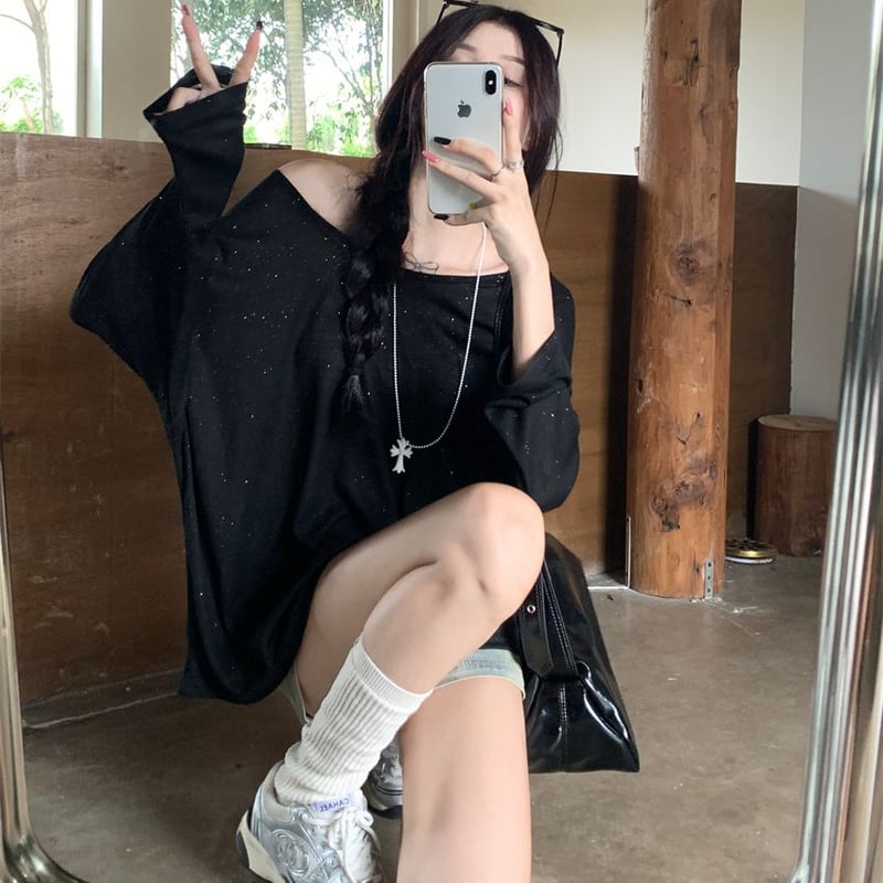 シアートップス オープンバック 背中開き ドロップショルダー 薄手 T