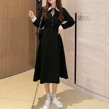 【2カラー】ワンピース リボンタイ 襟付きワンピース ポロカラー ハイウエスト 長袖 レトロ 韓国ファッション レディース 大人可愛い ガーリー フェミニン DTC-629140556561