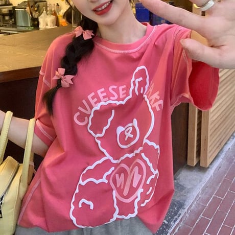 Tシャツ 半袖 クマちゃん ベアー ラウンドネック オーバーサイズ 韓国ファッション レディース 大きめ カジュアル ストリートファッション DTC-643069916522