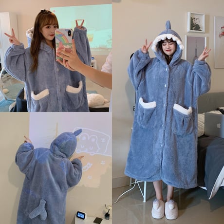ナイトガウン ルームウェア パジャマ シャーク サメ フード付き もこもこ ボア 部屋着 寝間着 韓国ファッション レディース 大人可愛い ガーリー DTC-656222082108