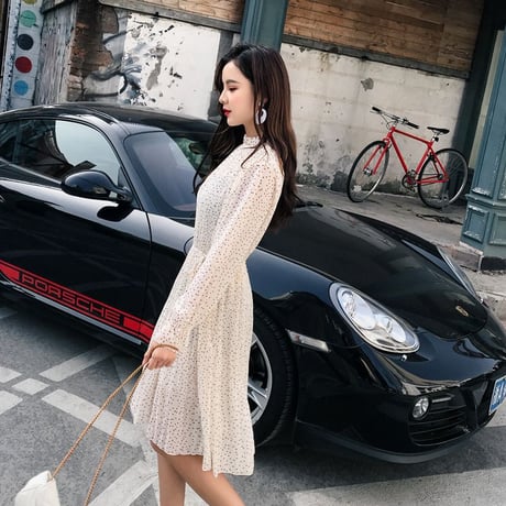 ワンピース ドット柄 プリーツスカート パフスリーブ Aライン 長袖 韓国ファッション レディース 春 秋 レトロ DTC-583615379700