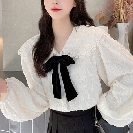 リボンタイ付き ブラウス 大きい襟 パフ袖 長袖 ルーズ レトロ 韓国ファッション レディース 大人可愛い ガーリー フェミニン DTC-654889582920