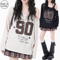 レイヤード風 ロンT レオパード ナンバーロゴ ヒョウ柄 オフショルダー ワンショルダー tシャツ トップス ゆったり 長袖 レトロ 大人可愛い ガーリー DTCA-971954694676