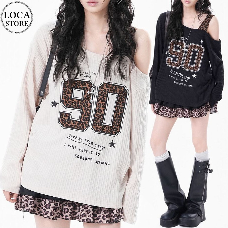 レイヤード風 ロンT レオパード ナンバーロゴ ヒョウ柄 オフショルダー