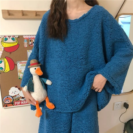 ルームウェア 4カラー  パジャマ セットアップ ラムウール トップス + パンツ 長袖 上下セット 韓国ファッション レディース 厚手 ガーリー 627726861742