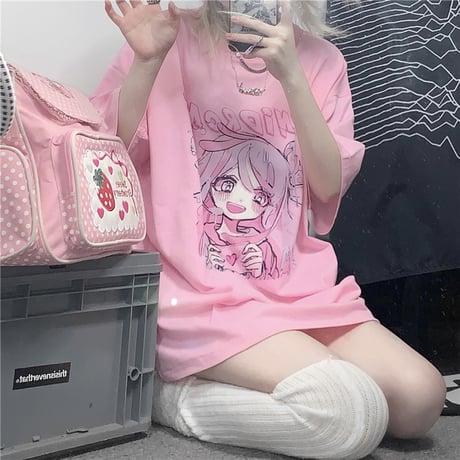 Tシャツ 半袖 女の子プリント オーバーサイズ 大きめ カジュアル 病み可愛い 病みかわ 地雷系 韓国ストリートファッション 韓国ファッション レディース DTC-639289235097