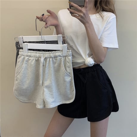 ショートパンツ 薄手 スウェットパンツ スポーツパンツ ハイウエスト ショート丈 シンプル レトロ 韓国ファッション レディース カジュアル DTC-650624596427