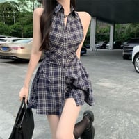 チェック柄 ノースリーブ シャツワンピース 薄手 襟付き ミニワンピース シングルブレスト Aライン ハイウエスト 大人可愛い ガーリー DTCA-889913765781