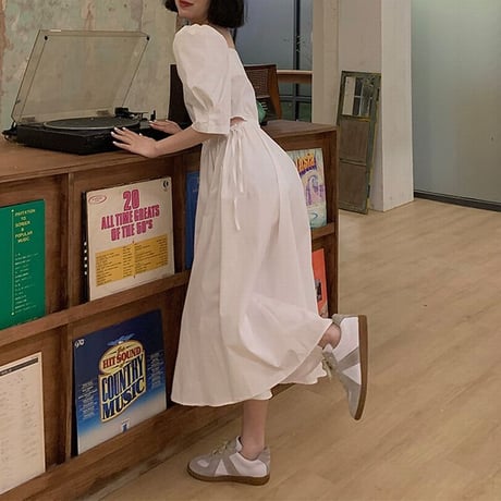 サイドオープン リボン ワンピース スクエアネック パフ袖 薄手 ハイウエスト 半袖 ロング丈 韓国ファッション レディース 大人可愛い ガーリー フェミニン DTC-642963409541