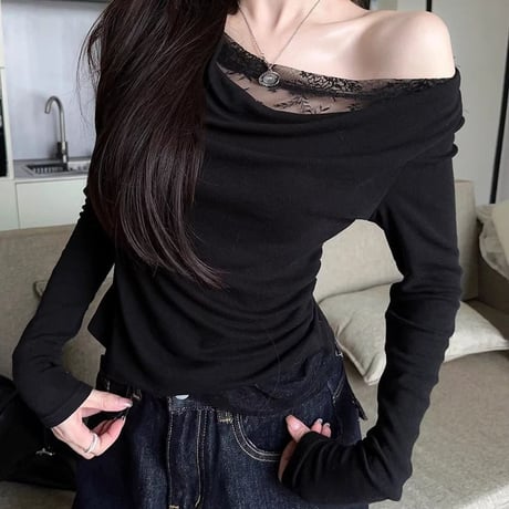 レース付き Tシャツ ワンショルダー スリムフィット ロンT トップス カットソー 長袖 レトロ 大人可愛い ガーリー DTCA-849082361382
