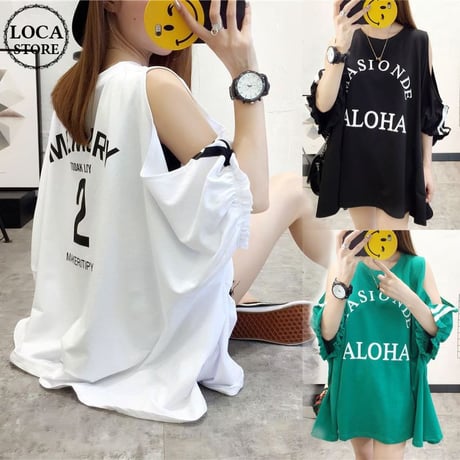 レディース ゆったり 肩出し 肩開き Tシャツ 半袖 チュニック オフショルダー 韓国ファッション オルチャン (DCT-676336915183)