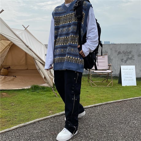 ユニセックス ニットベスト フェアアイル柄 Vネック ゆったり ルーズ オーバーサイズ 韓国ファッション レディース メンズ カジュアル レトロ DTC-653922588077