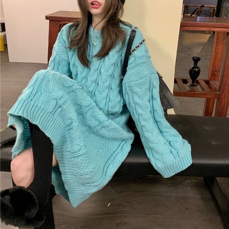 ケーブル編み ニットワンピース ロング丈 ニット 長袖 ゆったり クルーネック ルーズウエスト 韓国ファッション レディース カジュアル 大人可愛い ガーリー DTC-665138187843
