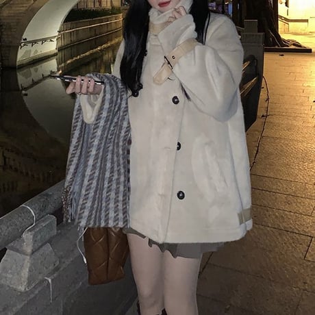 フェイクファー コート ネックベルト ハイネック ミドル丈 もこもこ ダブルブレスト ゆったり 韓国ファッション レディース 大人可愛い ガーリー DTC-659758489729