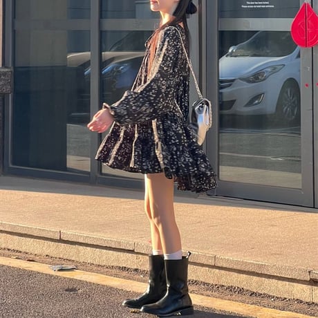 花柄 ワンピース ランタンスリーブ フリル ミニワンピース ゆったりウエスト Aライン ルーズ 長袖 レトロ 韓国ファッション レディース 大人可愛い ガーリー DTC-734739190315