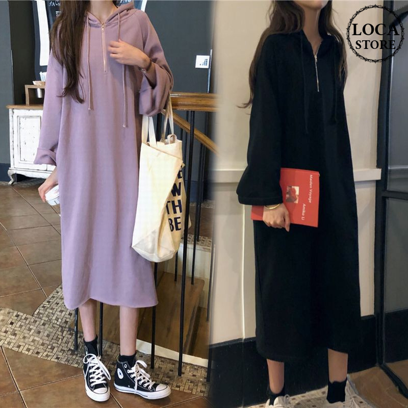 ロングパーカーワンピース 広い袖口 ハーフジップ フーディー