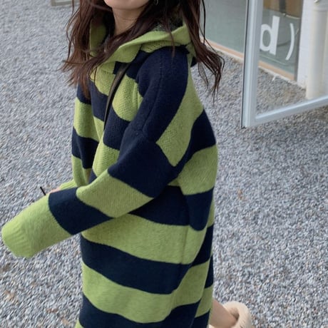 ボーダー柄 フード付きニットワンピース ロング丈 ニット 長袖 ゆったり レトロ 韓国ファッション レディース 大人可愛い ガーリー カジュアル DTC-664604666382