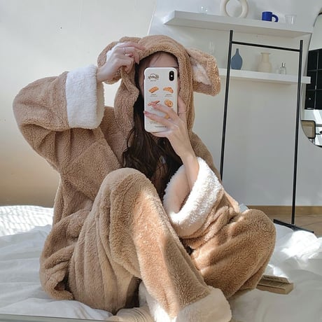 ルームウェア パジャマ セットアップ 耳付き しっぽ付き クマ ベアー もこもこ ボア 上下セット 部屋着 寝間着 大人可愛い ガーリー DTC-660205662818