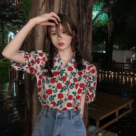 花柄 シャツ パフスリーブ 半袖 薔薇 開き襟 ルーズ レトロ 韓国ファッション レディース 大人可愛い ガーリー フェミニン DTC-647937909050