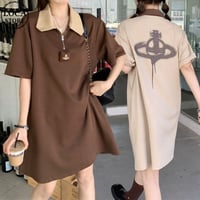 ポロワンピース ハーフジップ バックプリント 半袖 配色 POLOカラー ミニワンピース ハイウエスト レトロ 韓国ファッション レディース ガーリー カジュアル DTC-679716051631