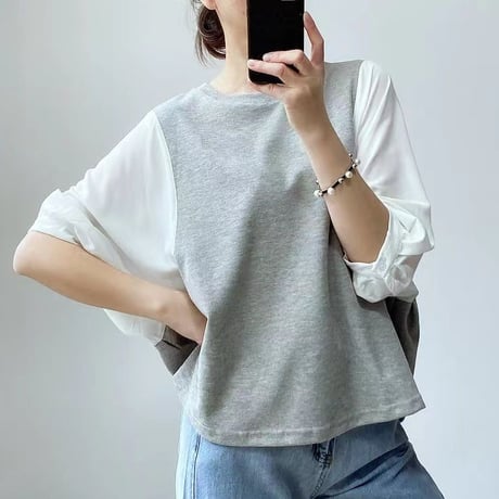 ドッキングブラウス 5分袖 トップス バルーン袖 チェック柄 無地 フェイクレイヤード Tシャツ レトロ 韓国ファッション レディース 大人可愛い ガーリー DTC-708136202207