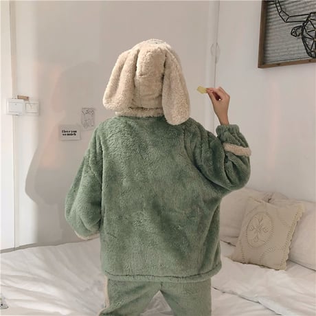 【ルームウェア】 フード付き パジャマ セットアップ トップス + パンツ ラビット フリース ウサギ 長袖 上下セット 長袖 韓国ファッション レディース ガーリー 627124813627