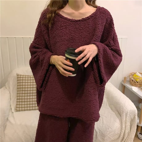 ルームウェア 4カラー  パジャマ セットアップ ラムウール トップス + パンツ 長袖 上下セット 韓国ファッション レディース 厚手 ガーリー 627726861742