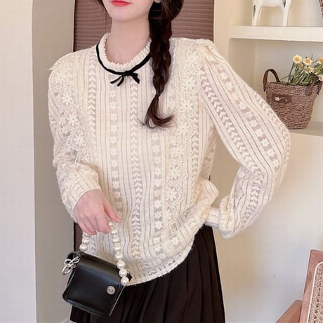レースブラウス ブラウス レース 長袖 ルーズ レトロ 韓国ファッション レディース 大人可愛い ガーリー フェミニン DTC-666086954713