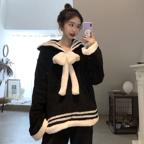 ルームウェア パジャマ セットアップ リボン フリース プラスベルベット トップス + パンツ 長袖 上下セット 韓国ファッション レディース もこもこ ガーリー 634598637665
