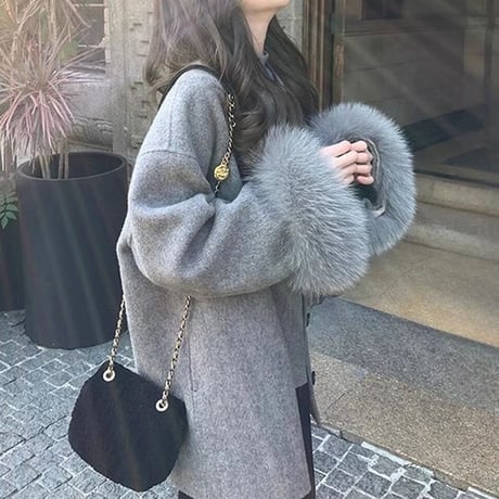 ショートコート ボウタイリボン ファー ピーコート ボタン アウター 長袖 ゆったり ルーズ レトロ 大人可愛い ガーリー DTCA-859618563727