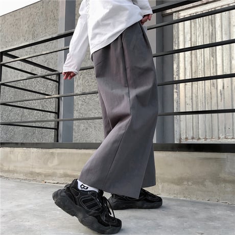 ユニセックス ワイドパンツ S M L XL ワイドレッグパンツ ウエスト紐 9分丈 ハイウエスト ゆったり 韓国ファッション メンズ レディース カジュアル DTC-638334168423
