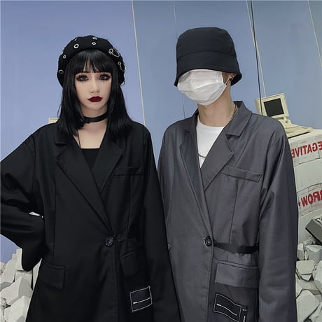 サイドベルト テーラードジャケット ユニセックス 韓国ファッション レディース メンズ シングルブレスト ルーズ ゆったり フォーマル 大人可愛い ガーリー DTC-625445762684