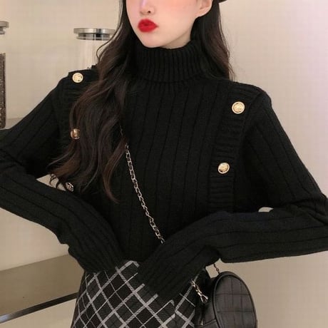 タートルネック リブニット プルオーバー 長袖 ニット レトロ 韓国ファッション レディース 大人可愛い ガーリー カジュアル DTC-656658948625