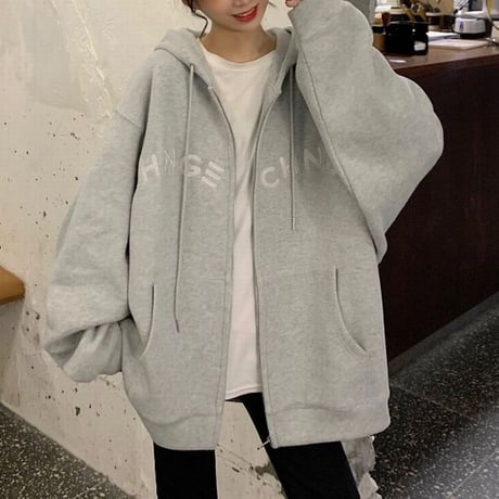 ジップアップ パーカー フーディー 薄手 ルーズ オーバーサイズ ゆったり 大きめ 長袖 レトロ カジュアル ストリート系ファッション ストリート女子 DTCA-647056396210