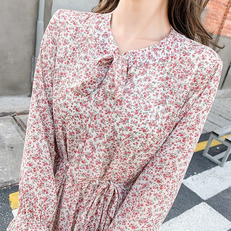 ワンピース 花柄 リボンタイ プリーツ パフスリーブ Aライン 長袖 韓国ファッション レディース ボウタイ 春 秋 レトロ DTC-60979682115