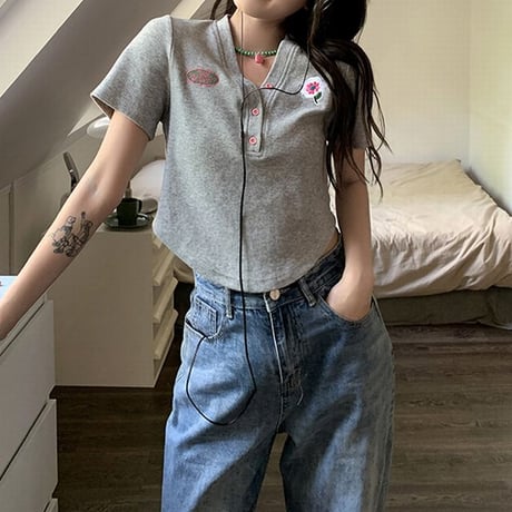 ヘンリーネック Tシャツ 花 ショート丈 半袖 トップス Vネック クロップド丈 レトロ 韓国ファッション レディース 大人可愛い ガーリー DTC-677869246820