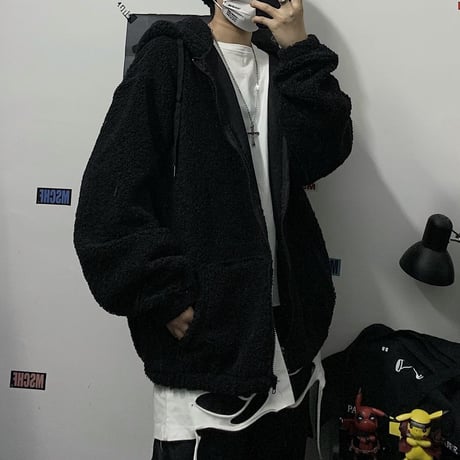 ユニセックス フード付き ボアジャケット ボアパーカー ジップアップ オーバーサイズ 韓国ファッション メンズ レディース カジュアル ストリートファッション DTC-631047350788