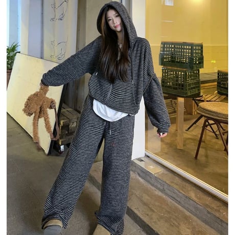 セットアップ 上下セット フリース ボーダー柄 ジップアップ パーカー ポケッ トワイドパンツ ジャージ ルーズ レトロ 大人可愛い ガーリー カジュアル DTCA-865292473430