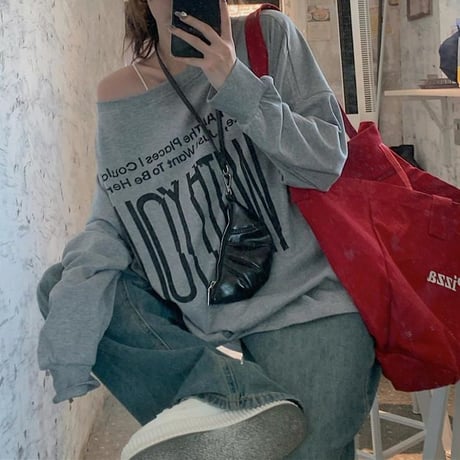 2WAY 前後着用 トップス ロンT ワンショルダー オフショルダー tシャツ スウェット アシンメトリー オーバーサイズ ゆったり レトロ 長袖 カジュアル DTCA-837273595763