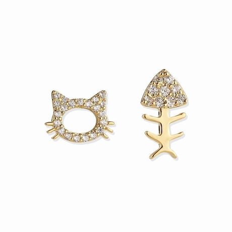 かわいいCZ猫ちゃんと魚骨 スタッドピアス イヤークリップ ねこ 猫 魚骨 CZ ピアス シルバー925 合金 アクセサリー DTC-626646347931