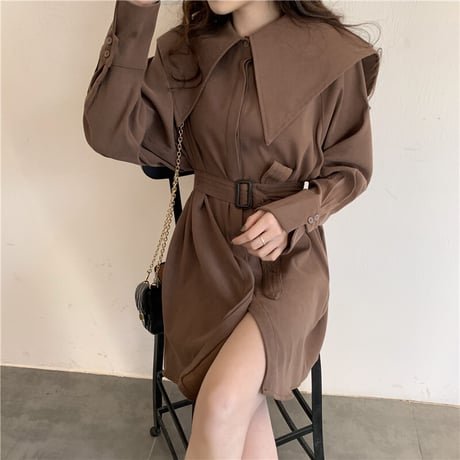 ブラウス シャツ 大きい襟 ベルト 長袖 韓国ファッション レディース ワンピース トップス ゆったり カットソー 大人可愛い ガーリー DTC-625594554550