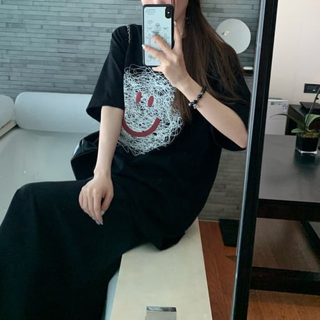 Tシャツ スマイリー フェイス プリント トップス 半袖 オーバーサイズ レトロ 韓国ファッション レディース 大人可愛い ガーリー カジュアル DTC-809615850942